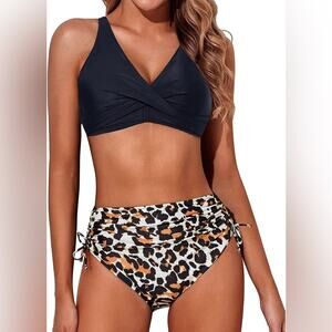 Aqua Eve NWT High Waisted Bikini Twist Front Top and Leopard Print Bottom Large